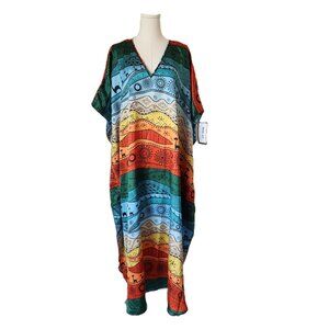 NWT Winlar Dinasaur Tribal Art Colorful Satin Maxi Caftan Dress V-Neck